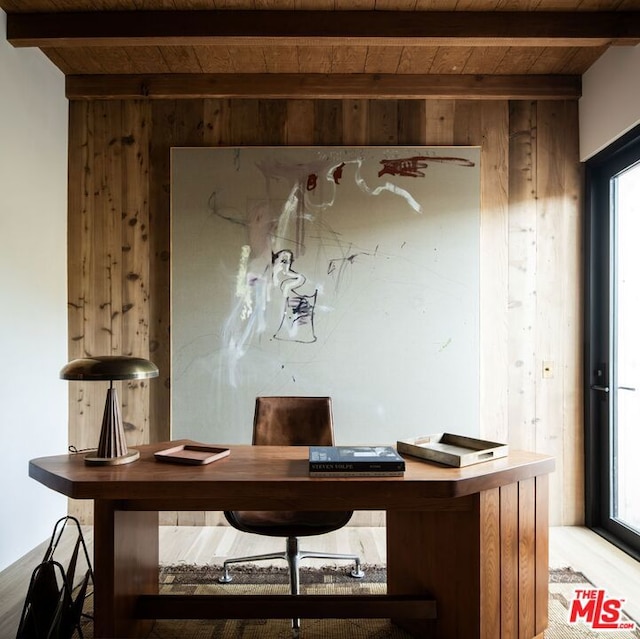 bar featuring wooden walls, wooden ceiling, and beamed ceiling