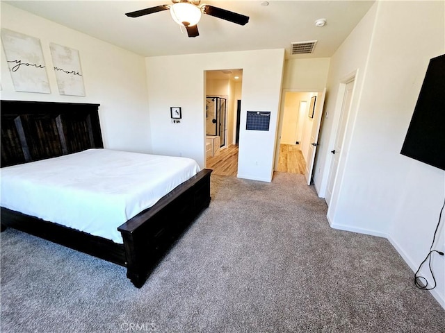 bedroom featuring ceiling fan and carpet flooring