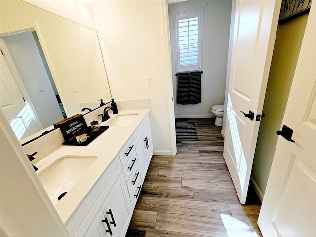 bathroom featuring toilet, wood-type flooring, and vanity