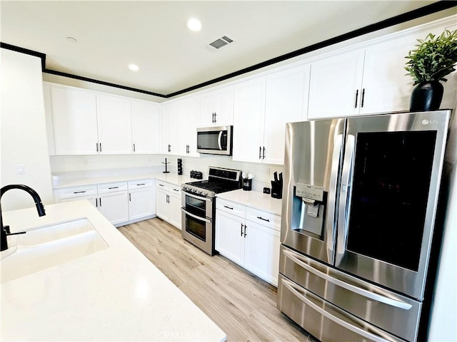 kitchen featuring stainless steel appliances, light hardwood / wood-style floors, decorative backsplash, white cabinets, and sink