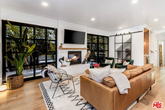 living room with a large fireplace and light wood-type flooring