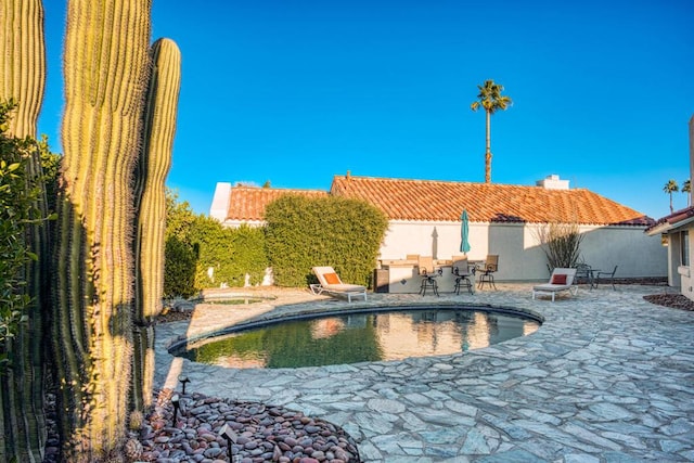 view of pool with an outdoor bar and a patio area