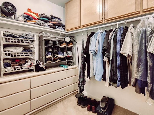 walk in closet featuring light colored carpet