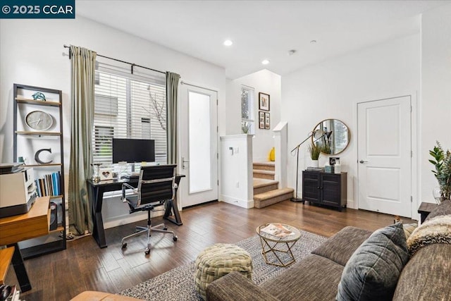 home office featuring dark wood-type flooring