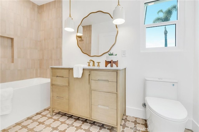 full bathroom with toilet, bathing tub / shower combination, and vanity