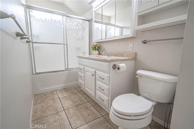 full bathroom with vaulted ceiling, toilet, combined bath / shower with glass door, tile patterned floors, and vanity