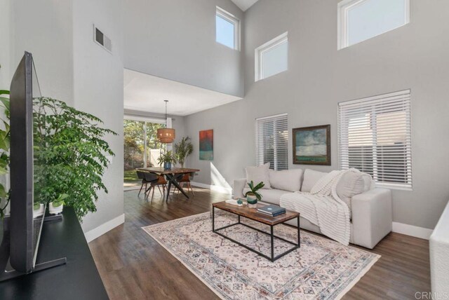 living room with dark hardwood / wood-style flooring, a towering ceiling, and plenty of natural light