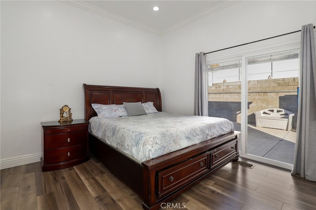 bedroom featuring ornamental molding, access to exterior, and dark hardwood / wood-style floors