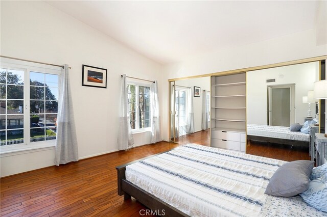 bedroom featuring dark hardwood / wood-style flooring, a closet, multiple windows, and vaulted ceiling