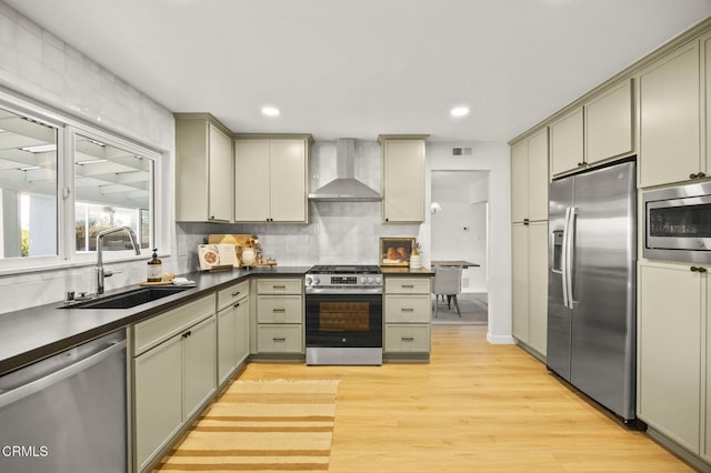 kitchen with wall chimney exhaust hood, light hardwood / wood-style flooring, green cabinets, appliances with stainless steel finishes, and sink