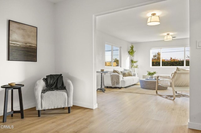 living area with light hardwood / wood-style floors