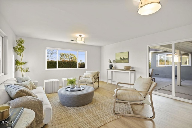 living room with light hardwood / wood-style floors, radiator, and plenty of natural light