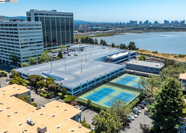 bird's eye view with a water view