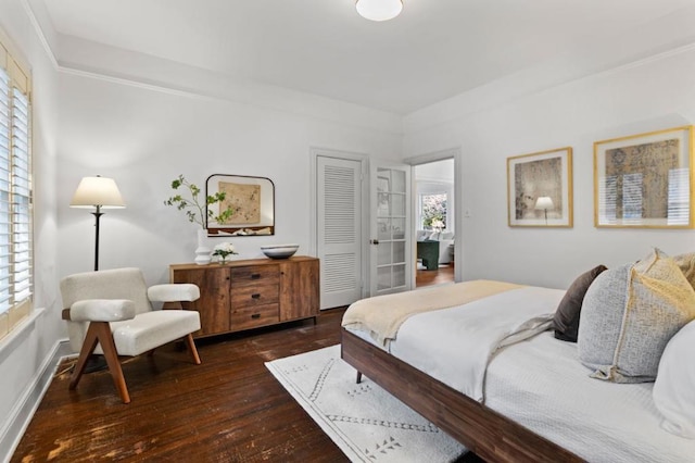 bedroom with multiple windows, dark hardwood / wood-style floors, and a closet