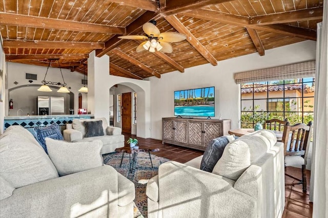 living room with wooden ceiling, ceiling fan, high vaulted ceiling, and beamed ceiling