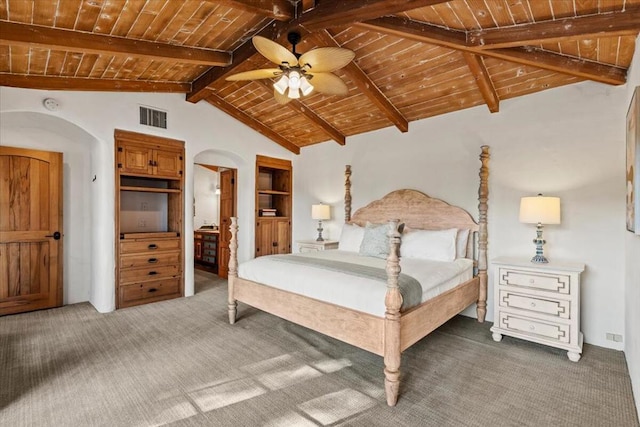 bedroom with ceiling fan, carpet, lofted ceiling with beams, and wood ceiling