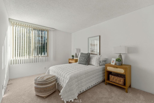 bedroom with carpet floors and a textured ceiling