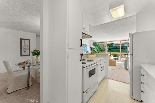 kitchen featuring expansive windows, white appliances, white cabinetry, and light colored carpet