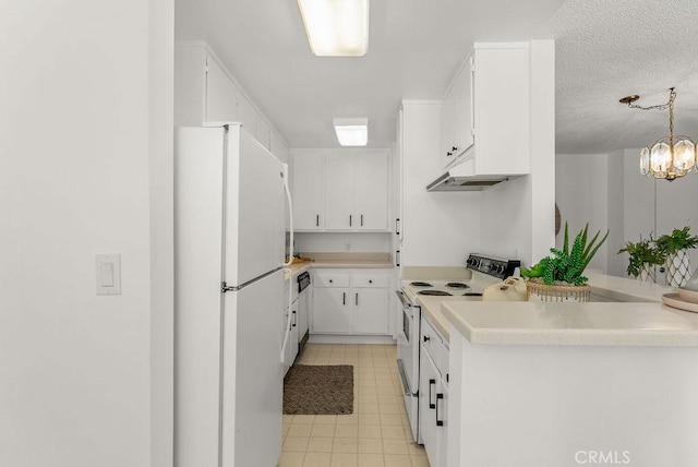 kitchen with white appliances, white cabinets, a textured ceiling, decorative light fixtures, and an inviting chandelier