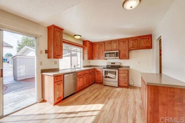 kitchen with light wood-type flooring, appliances with stainless steel finishes, a textured ceiling, and sink