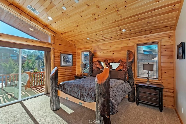 bedroom with wood ceiling, wooden walls, access to outside, vaulted ceiling, and light colored carpet