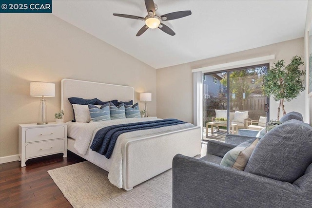 bedroom with dark wood-type flooring, vaulted ceiling, ceiling fan, and access to outside