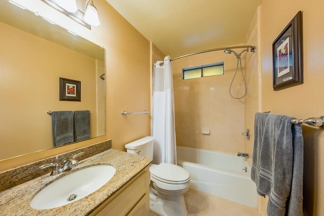 full bathroom with toilet, tile patterned flooring, shower / bathtub combination with curtain, and vanity