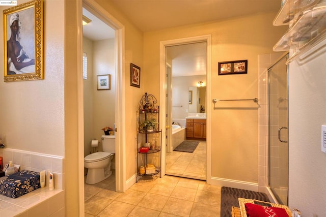 full bathroom featuring toilet, tile patterned flooring, vanity, and plus walk in shower