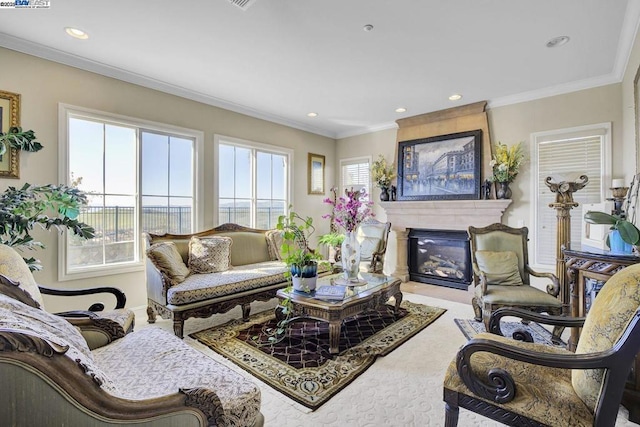 living room featuring a large fireplace and crown molding