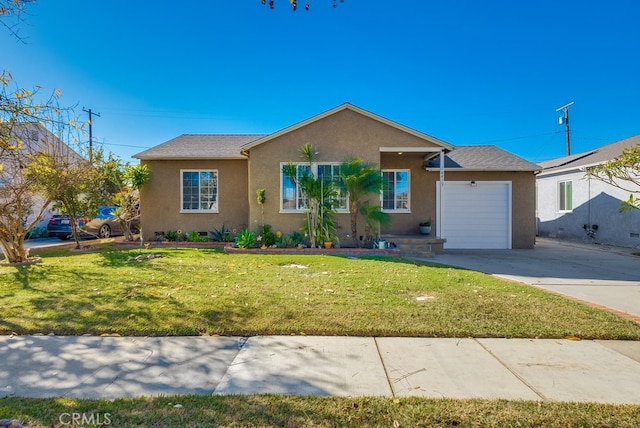 ranch-style house with a front yard and a garage