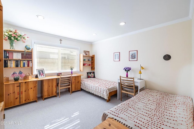 bedroom with ornamental molding and light colored carpet