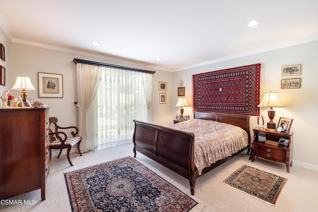 carpeted bedroom featuring ornamental molding and access to outside