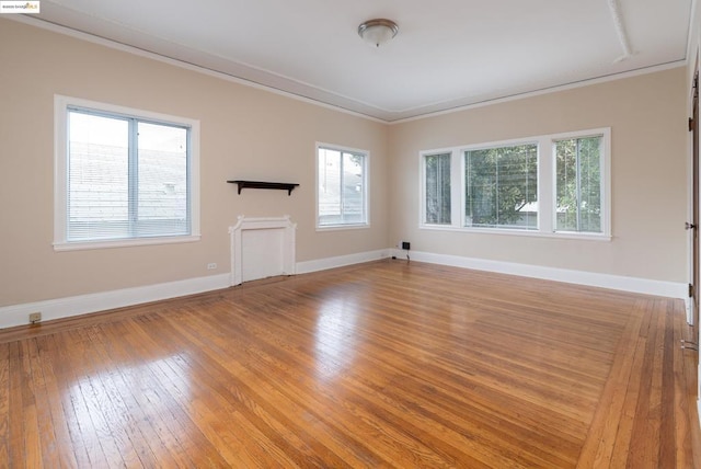 spare room featuring wood-type flooring and crown molding