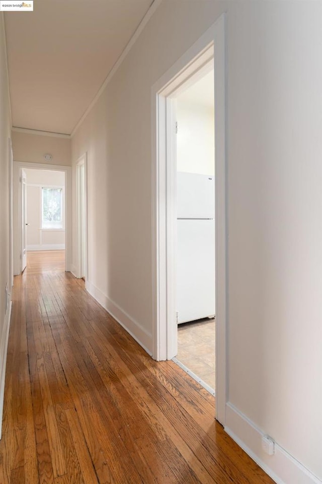 hall featuring ornamental molding and hardwood / wood-style floors