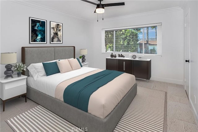 bedroom with ceiling fan and ornamental molding