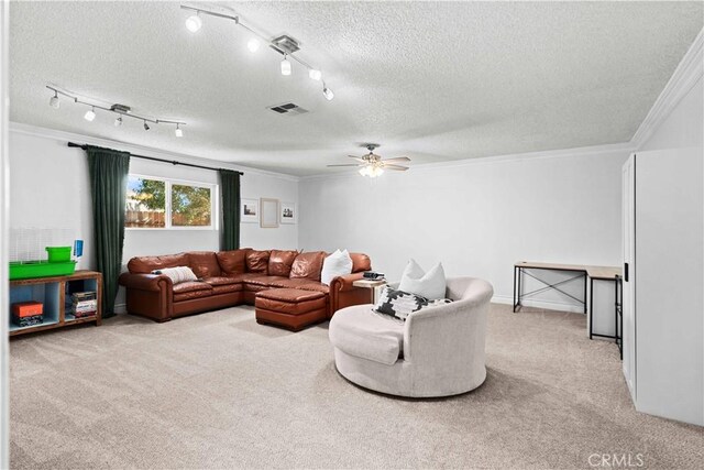 carpeted living room featuring ceiling fan, ornamental molding, and a textured ceiling