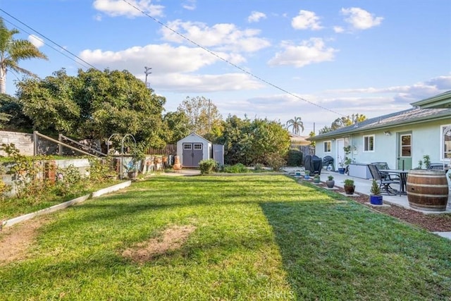 view of yard with a patio and a storage unit