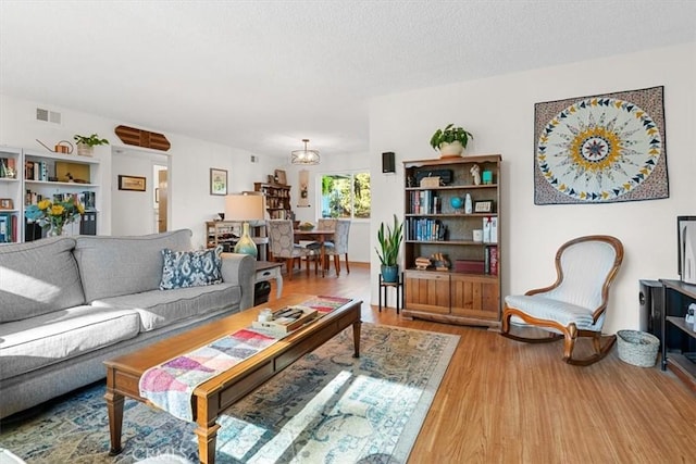 living room featuring a textured ceiling and wood-type flooring