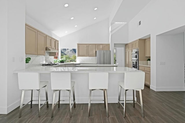 kitchen with a kitchen breakfast bar, stainless steel appliances, kitchen peninsula, light brown cabinetry, and high vaulted ceiling