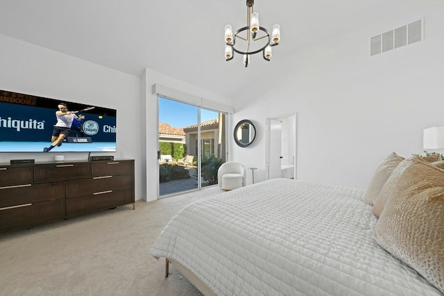 bedroom featuring high vaulted ceiling, access to outside, an inviting chandelier, and light carpet