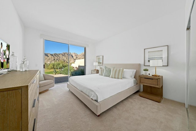 bedroom with access to exterior and light colored carpet