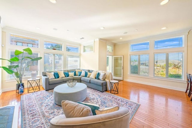 living room with ornamental molding and light hardwood / wood-style flooring