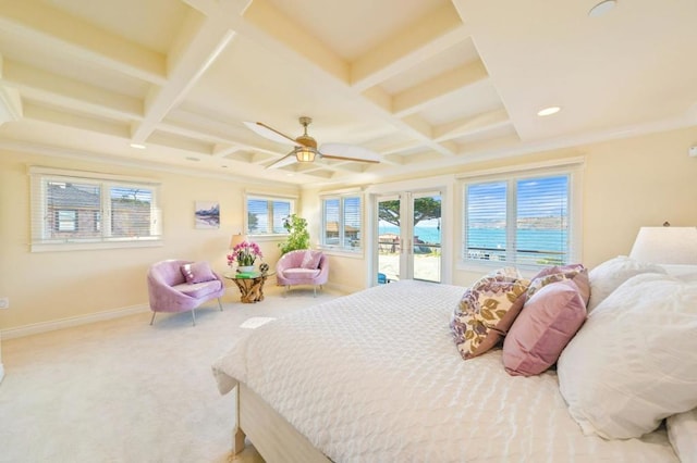 carpeted bedroom featuring beamed ceiling, coffered ceiling, access to exterior, and ceiling fan