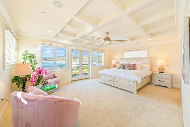 carpeted bedroom featuring beamed ceiling, ornamental molding, coffered ceiling, access to outside, and ceiling fan