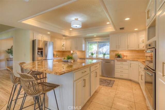 kitchen with white cabinetry, appliances with stainless steel finishes, a center island, and a raised ceiling