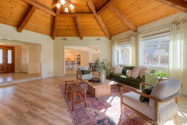 living room featuring light wood-style floors, ceiling fan with notable chandelier, beam ceiling, and wooden ceiling