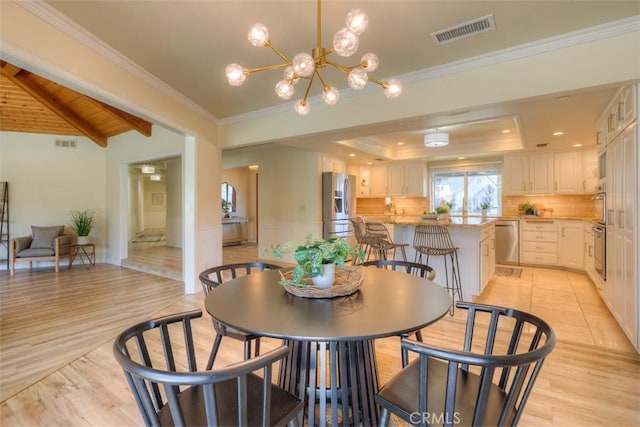 dining space featuring a notable chandelier, lofted ceiling, light hardwood / wood-style floors, and wooden ceiling