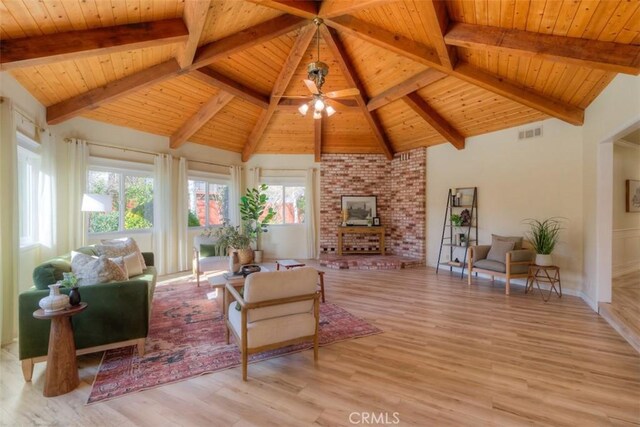 living area featuring ceiling fan, beam ceiling, wooden ceiling, wood finished floors, and visible vents