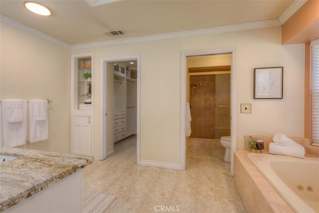 full bathroom featuring vanity, crown molding, independent shower and bath, and toilet