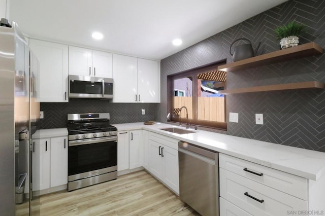 kitchen featuring sink, stainless steel appliances, white cabinets, and tasteful backsplash